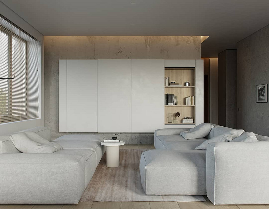 Minimalistyczna biała zabudowa Minimalistyczny design białej kuchni ze zintegrowaną zabudową i gładkimi frontami, czystość formy.