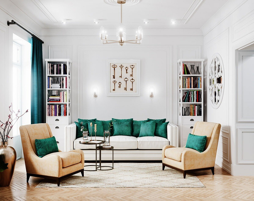 Biała sofa i dywan Przytulny salon z białą sofą i dywanem, tworzący ciepłą i zapraszającą atmosferę wypoczynku.