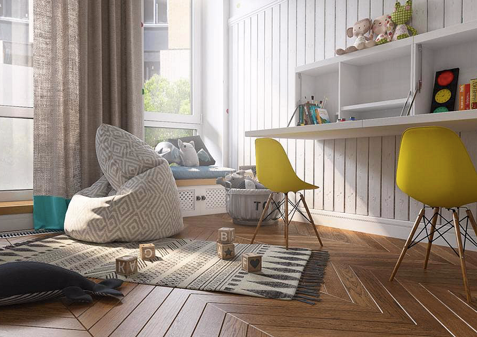 Worek sako w salonie Wygodny salon z pufą typu worek: przytulne meble bez stelaża w mieszkaniu.