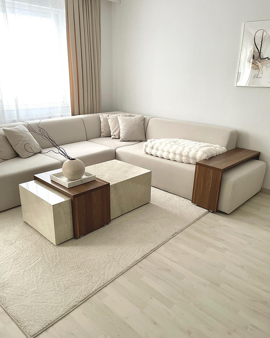 Minimalistyczny wystrój z beżową sofą i czarnymi elementami dekoracyjnymi.