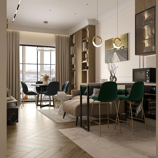 Przestronny salon z dużym beżowym narożnikiem – komfort i elegancja.