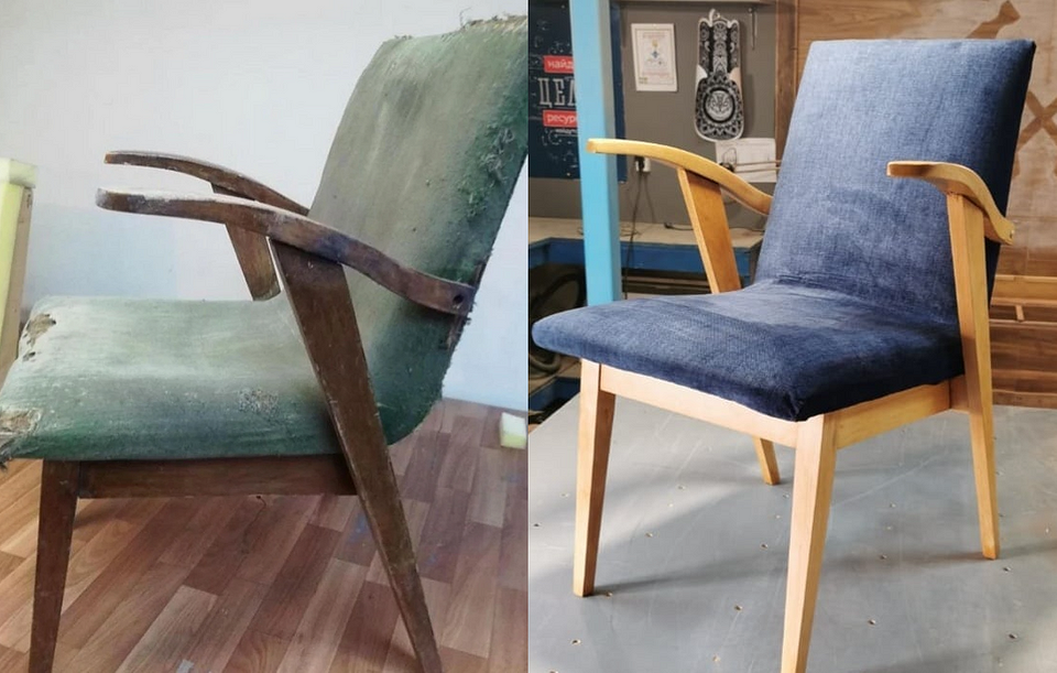 Kreatywna renowacja fotela. Nowy design tapicerki boucle w stylu vintage.