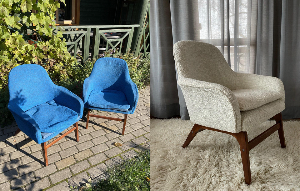 Stary fotel odnowiony z tapicerką boucle, idealny do małego mieszkania.