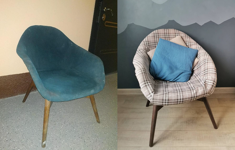 Odnowiony fotel po renowacji. Nowa tapicerka boucle w stylu vintage.