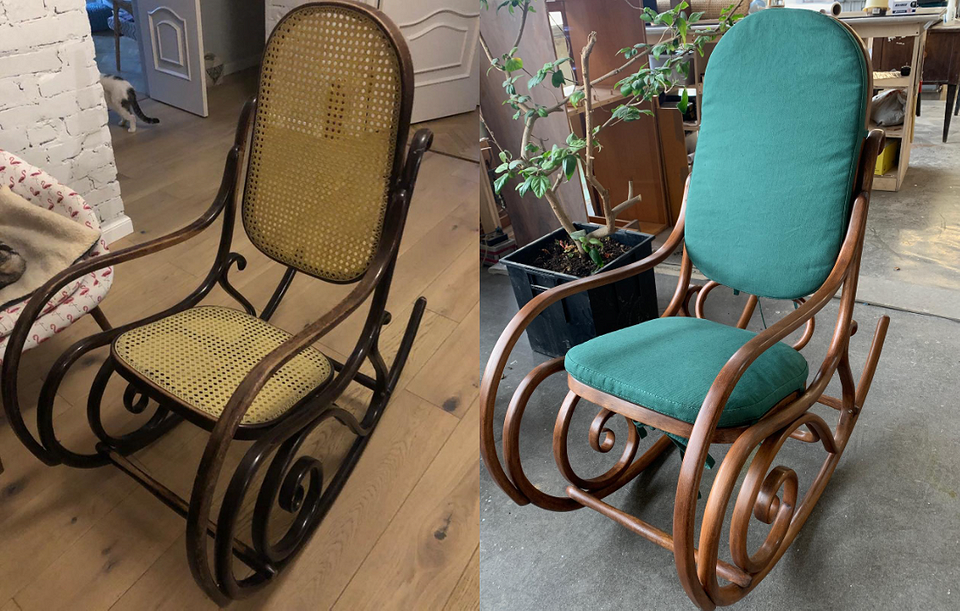 Fotel przed i po renowacji. Nowy design w stylu lat 60.