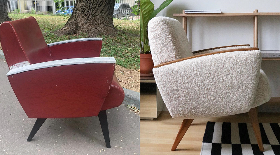 Renowacja fotela: przykład odnowionego fotela w stylu vintage, pasującego do małego mieszkania.