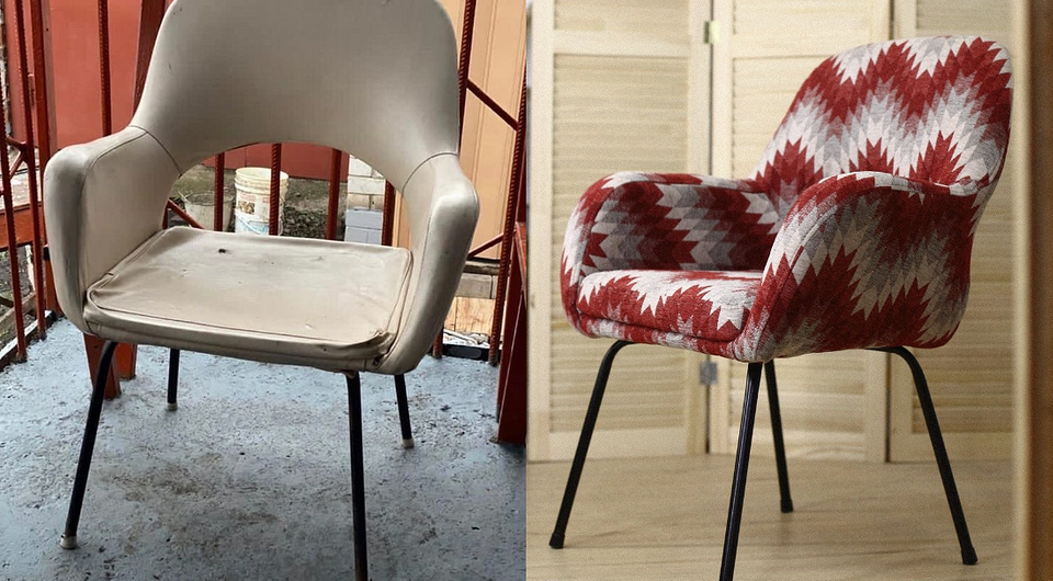 Odnowiony fotel z nową tapicerką. Idealny styl vintage dla małego mieszkania.