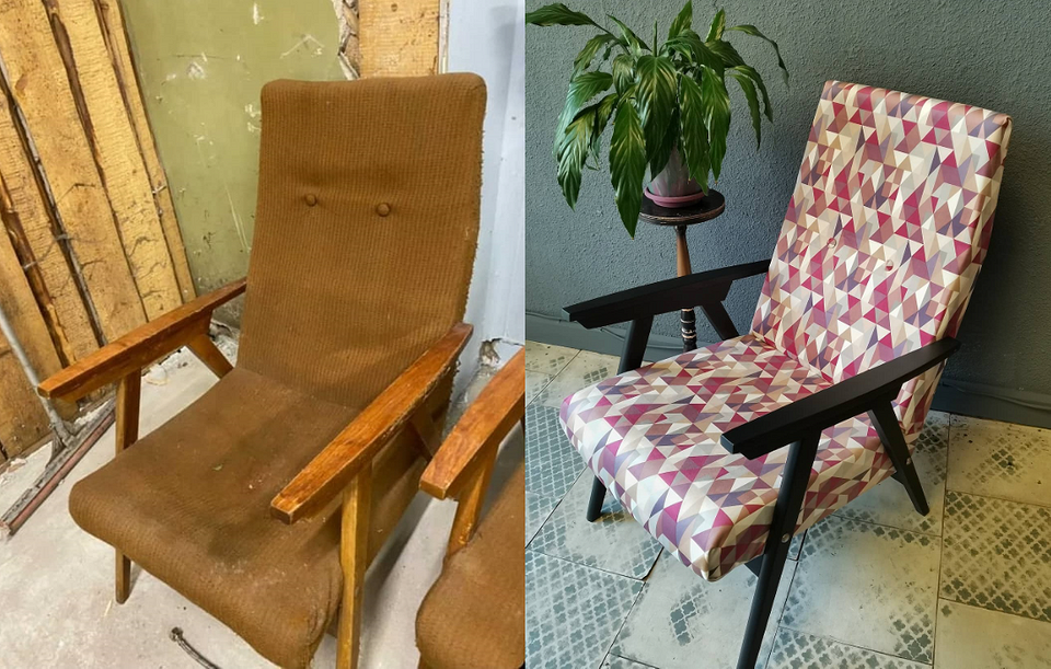 Fotel po renowacji, tapicerka boucle w stylu lat 60. Piękny design.