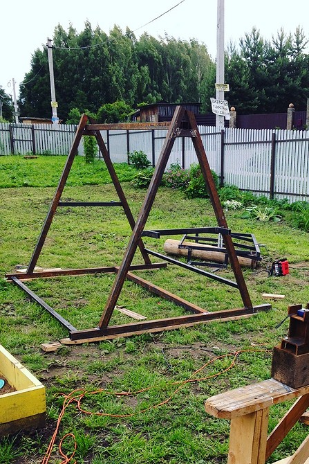 Łączenie elementów metalowych Etap budowy huśtawki ogrodowej: zgrzewanie elementów metalowej ramy przez majsterkowicza.