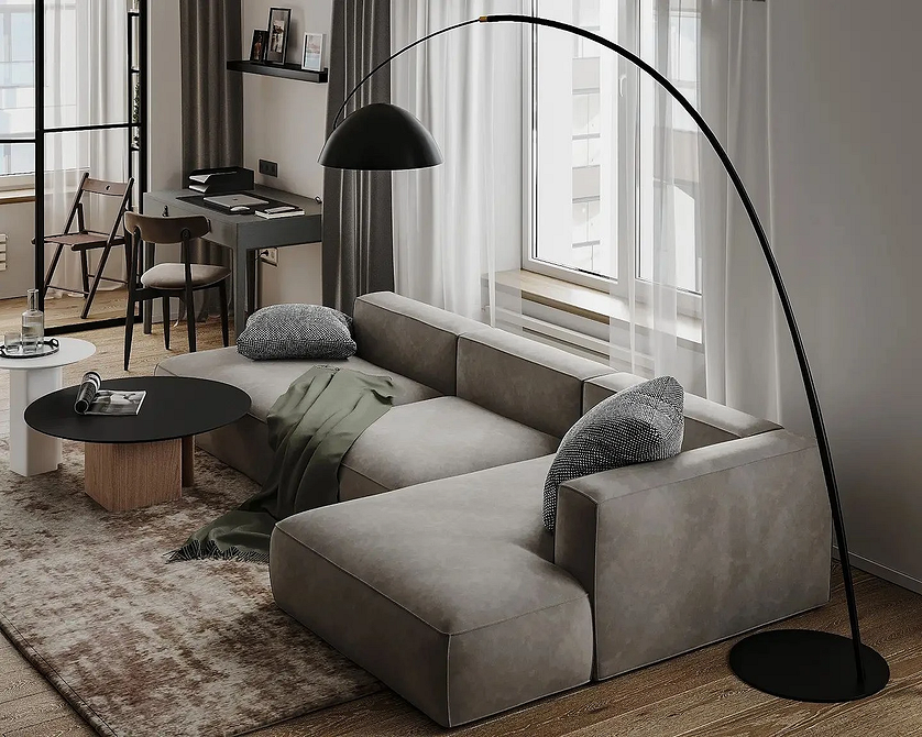 Komfortowy narożnik 2026 Duży, narożny, minimalistyczny szary narożnik w salonie, idealny do relaksu