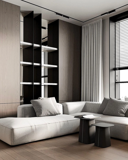 Minimalistyczna Sofa 2026 Duża, szara sofa w minimalistycznym salonie, nowoczesny design wnętrza 2026