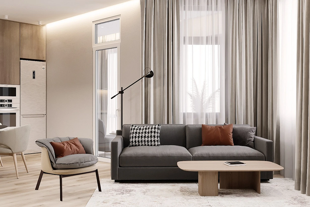 Praktyczne obicie sofy Wygodna sofa z praktyczną tkaniną obiciową, idealna do małego mieszkania w stylu loft.