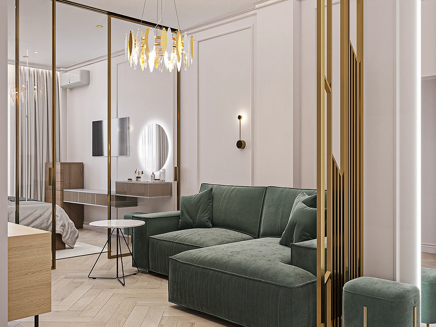 Welurowa sofa narożna Przytulna, narożna sofa z miękką, welurową tkaniną obiciową w jasnym salonie.