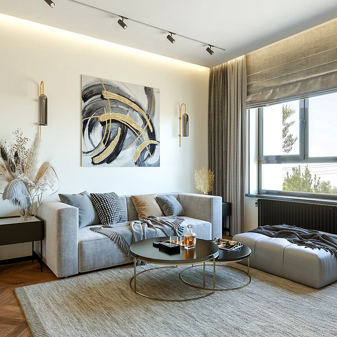 Minimalizm i Wygoda Design wnętrza salonu z dużym sofą i stolikiem kawowym w stylu minimalistycznym