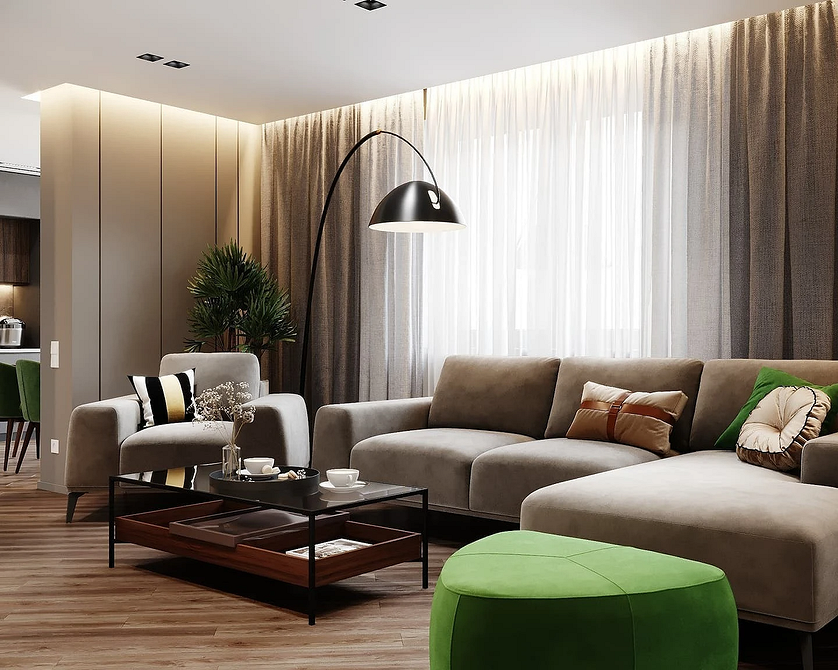 Neutralna sofa narożna Narożna sofa w neutralnej tkaninie obiciowej, idealnie pasująca do jasnego i przestronnego salonu.