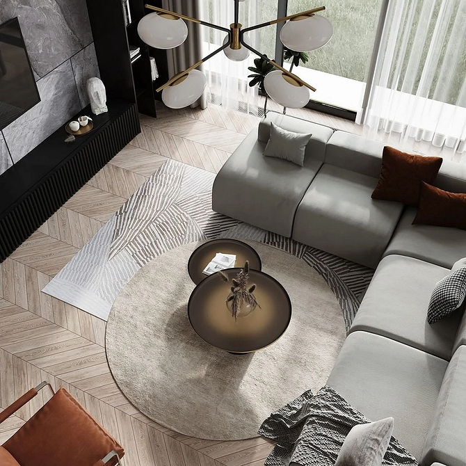 Neutralna tkanina na sofie Elegancka sofa z neutralną tkaniną obiciową w minimalistycznym wnętrzu salonu.