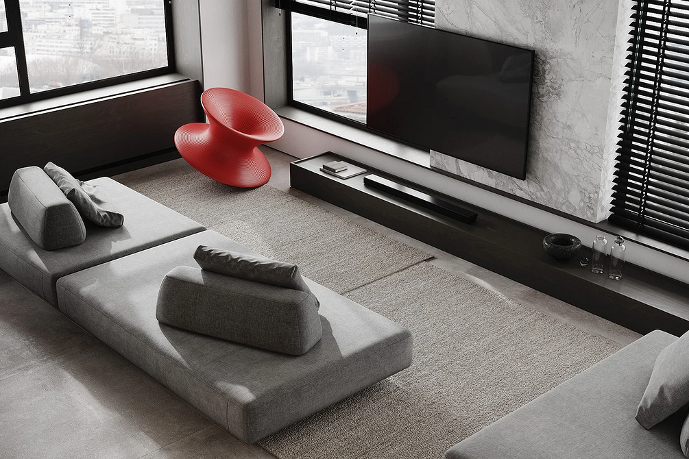 Minimalistyczna Sofa 2026 Przestronny salon z dużym, minimalistycznym, jasnym sofą zapewniającą komfort i elegancję