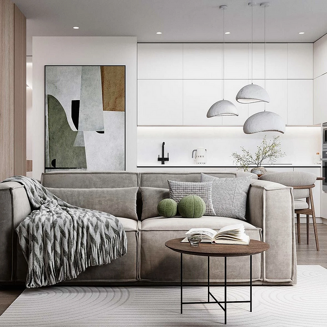 Duża, ciemnoszara sofa z poduszkami: nowoczesny design salonu 2026.