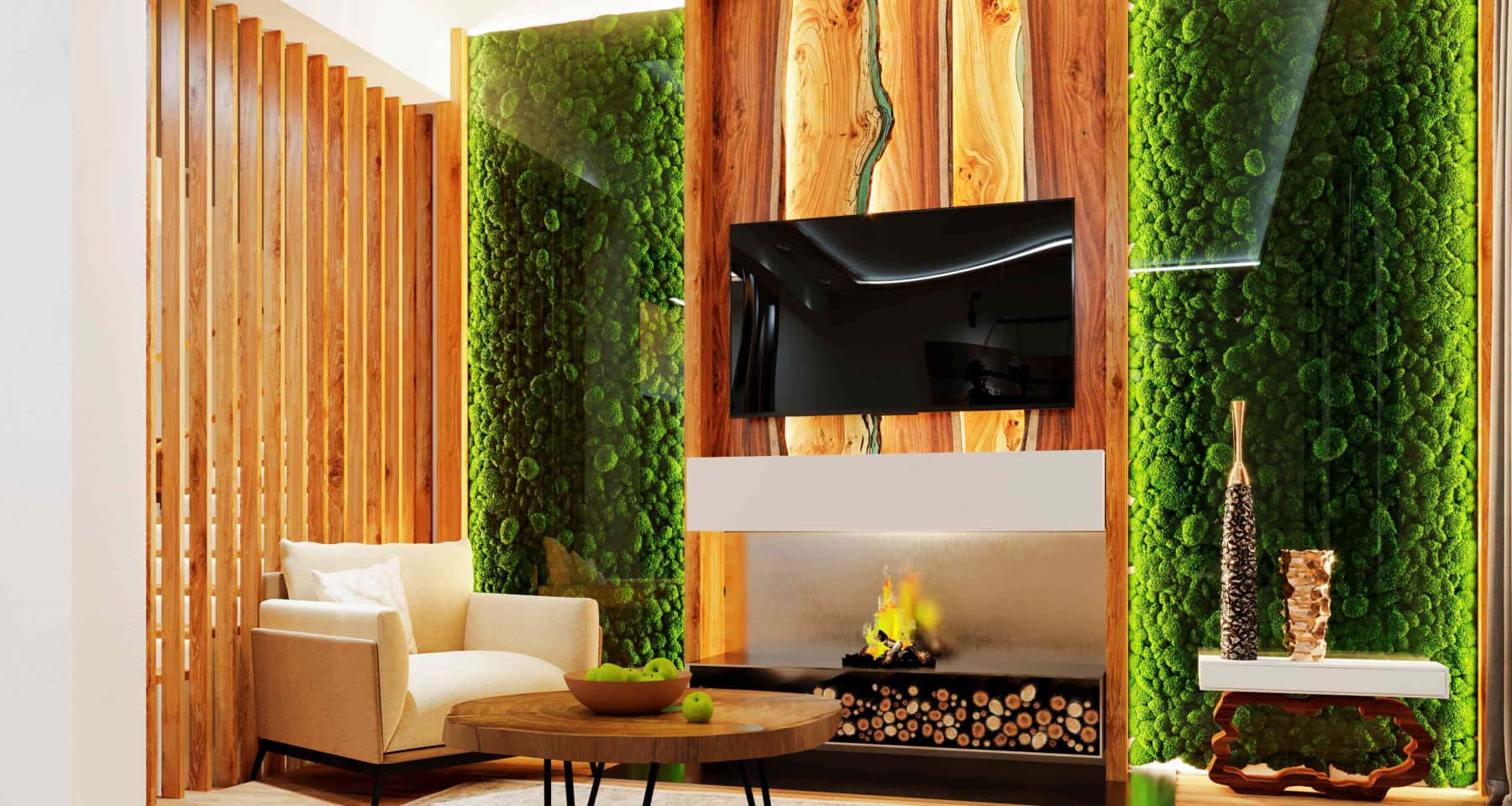 Ogród w salonie Stylowy dom z oknami panoramicznymi wychodzącymi na zielony ogród, nowoczesny design.