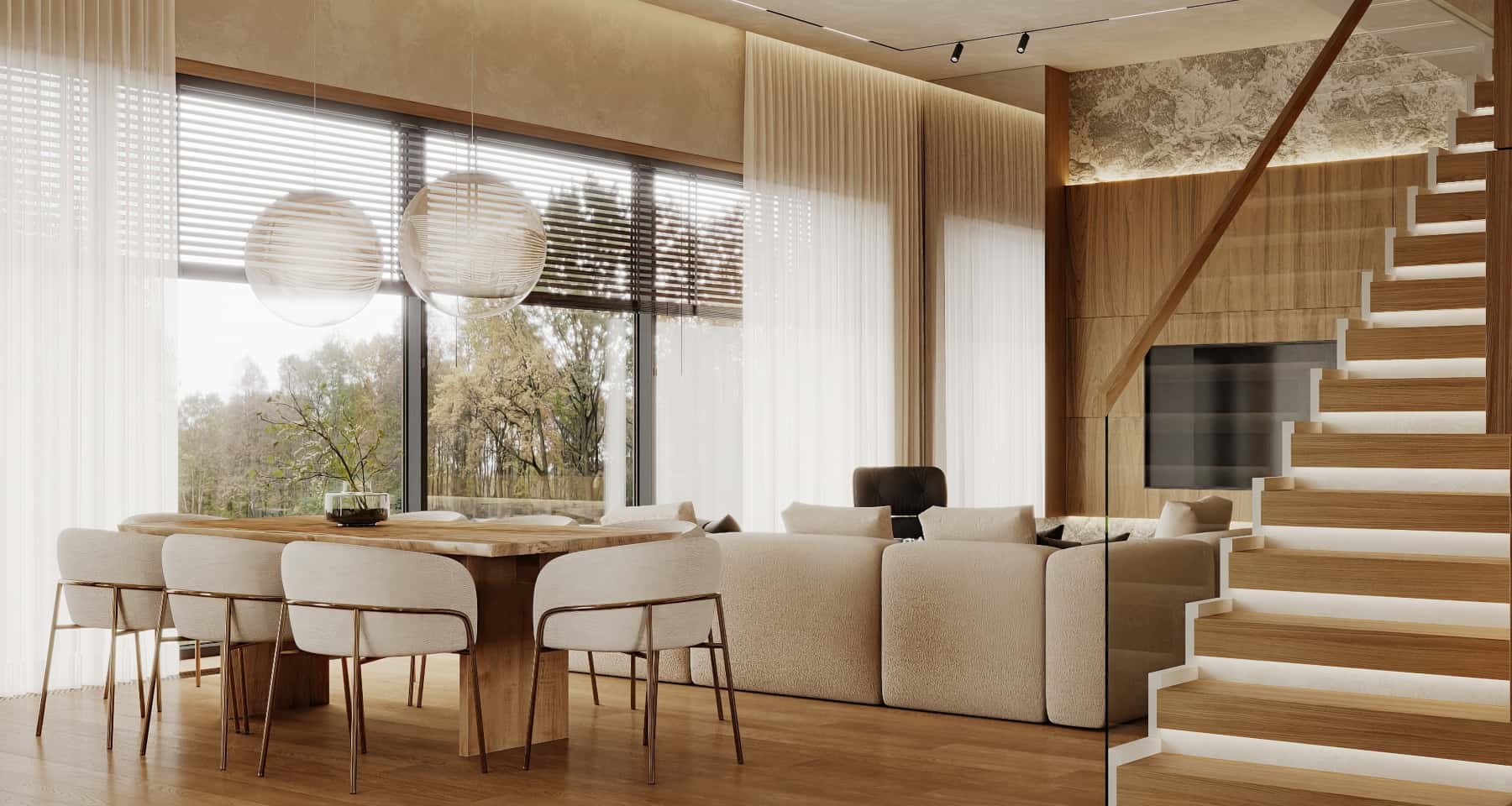 Widok na naturę Salon z oknami panoramicznymi z widokiem na naturę w nowoczesnym domu.