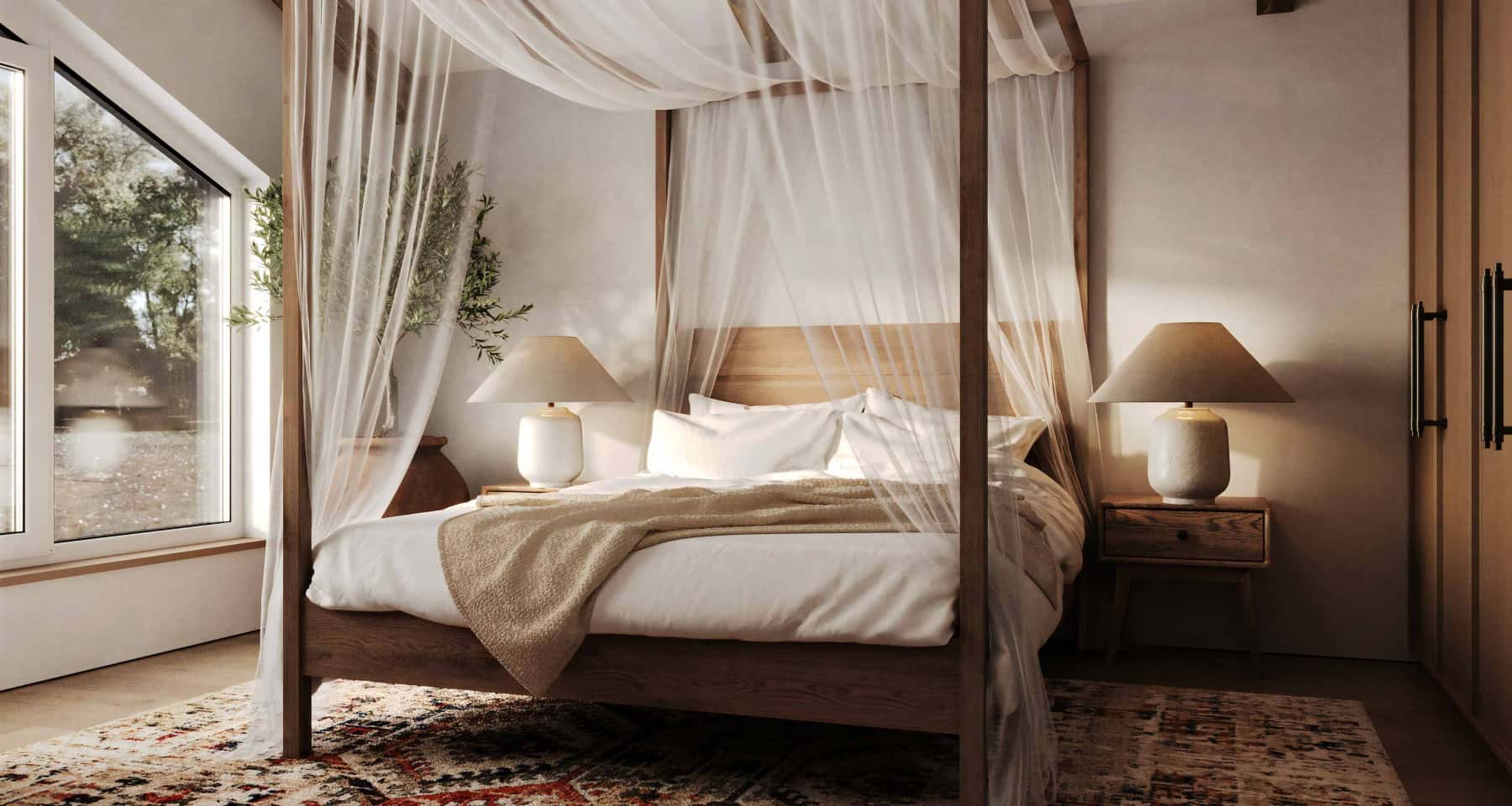 Ogród przez okno Panoramiczne okna w ceglanym domu: widok na zielony ogród 2026.