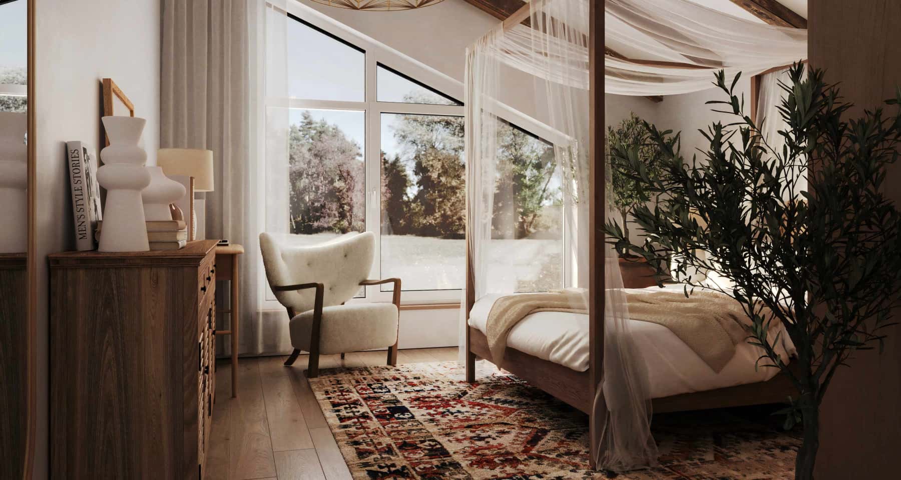 Minimalizm i panorama Design domu 2026: Duże okna panoramiczne i minimalistyczne meble.