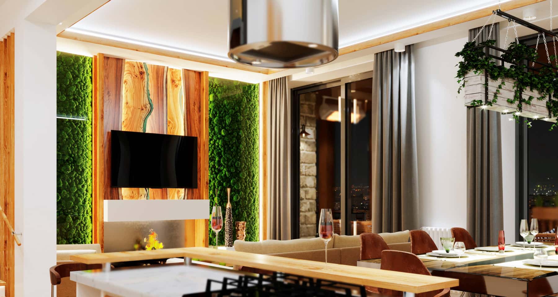 Komfort i widoki Nowoczesny salon z oknami panoramicznymi i wygodnymi sofami zapraszającymi do relaksu.