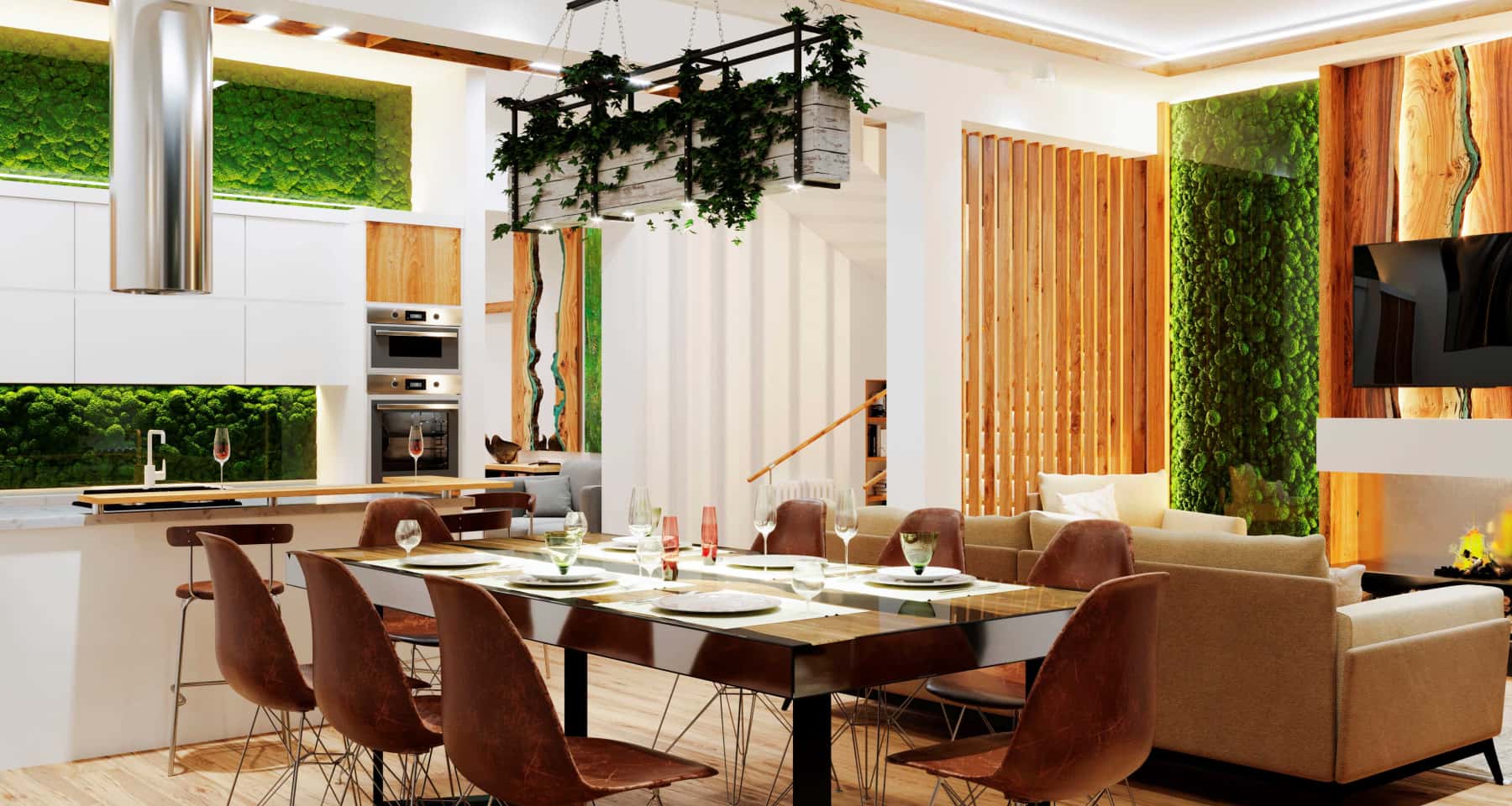 Otwarta przestrzeń Wnętrze domu z oknami panoramicznymi tworzące jasną i otwartą przestrzeń mieszkalną.