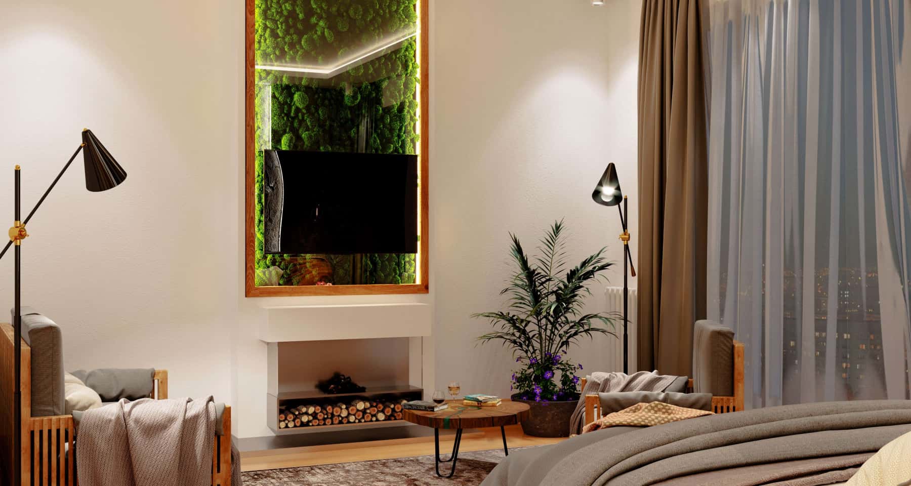 Minimalistyczny salon Przestronny salon z oknami panoramicznymi i elementami dekoracyjnymi w stylu minimalistycznym.