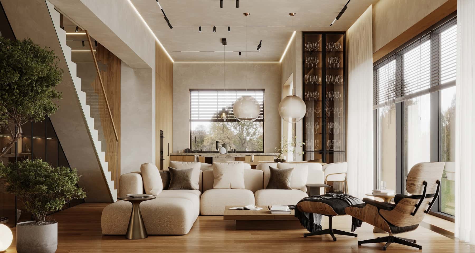 Światło i przestrzeń Jasne wnętrze domu z oknami panoramicznymi w nowoczesnym stylu.