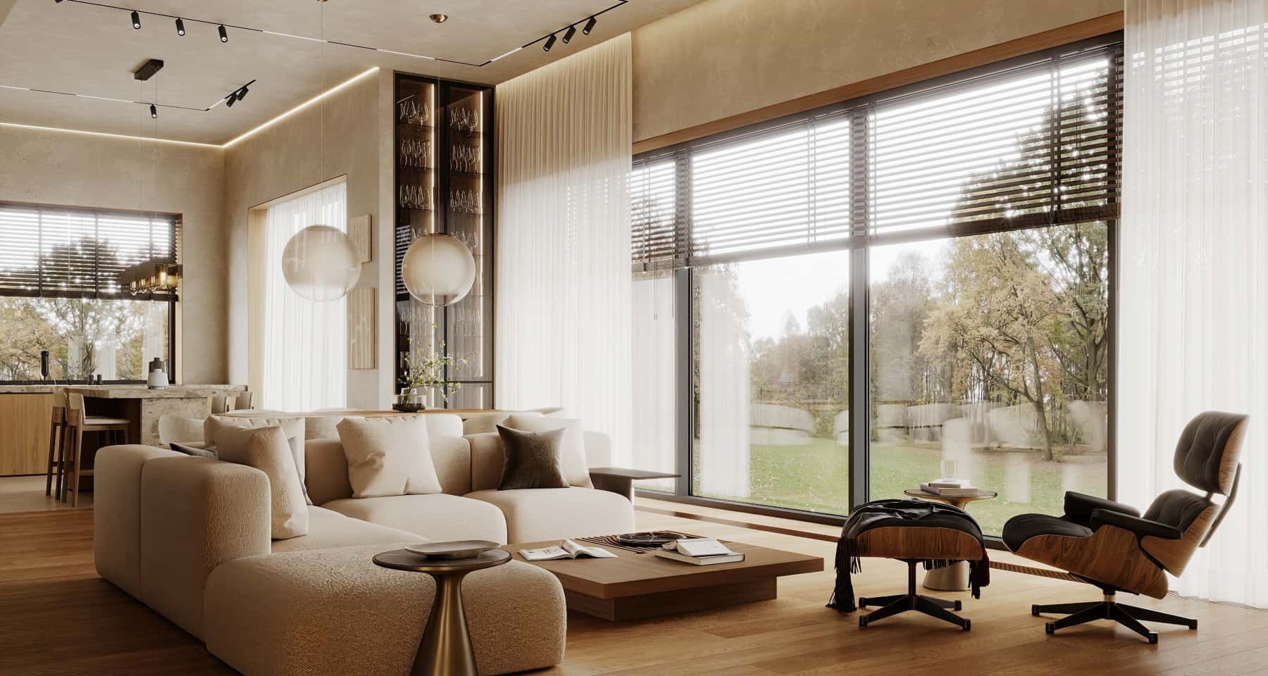 Elegancja i minimalizm Nowoczesny design wnętrza z oknami panoramicznymi i minimalistycznym wystrojem.