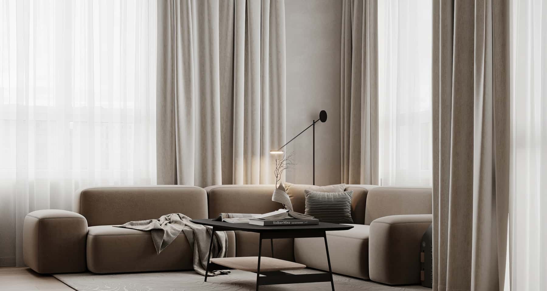 Japoński loft 2026 Szaro-beżowe wnętrze w stylu loft i minimalizm 2026 z elementami japońskimi.