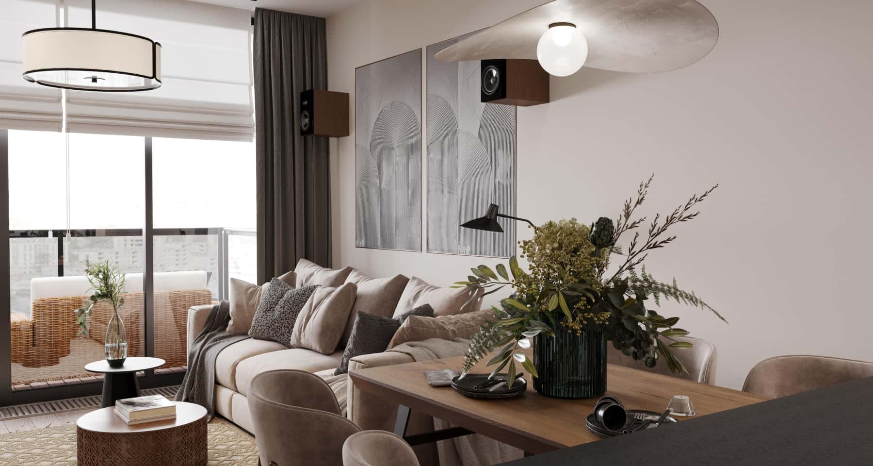 Nowoczesny loft design Nowoczesny design wnętrza 2026: Loft i minimalizm w szaro-beżowej palecie.