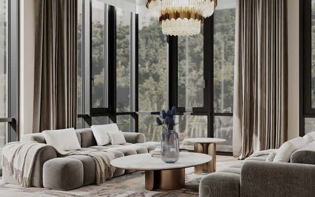 Aranżacja gabinetu 2026 w nowoczesnym stylu z dużym oknem i elementami Art Deco