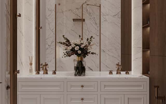 Nowoczesne schody 2026 w przestronnym domu z elementami czarnego marmuru