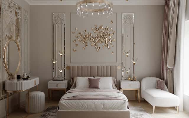 Aranżacja wnętrz 2026: Nowoczesna klasyka z elementami czarnego marmuru w salonie.