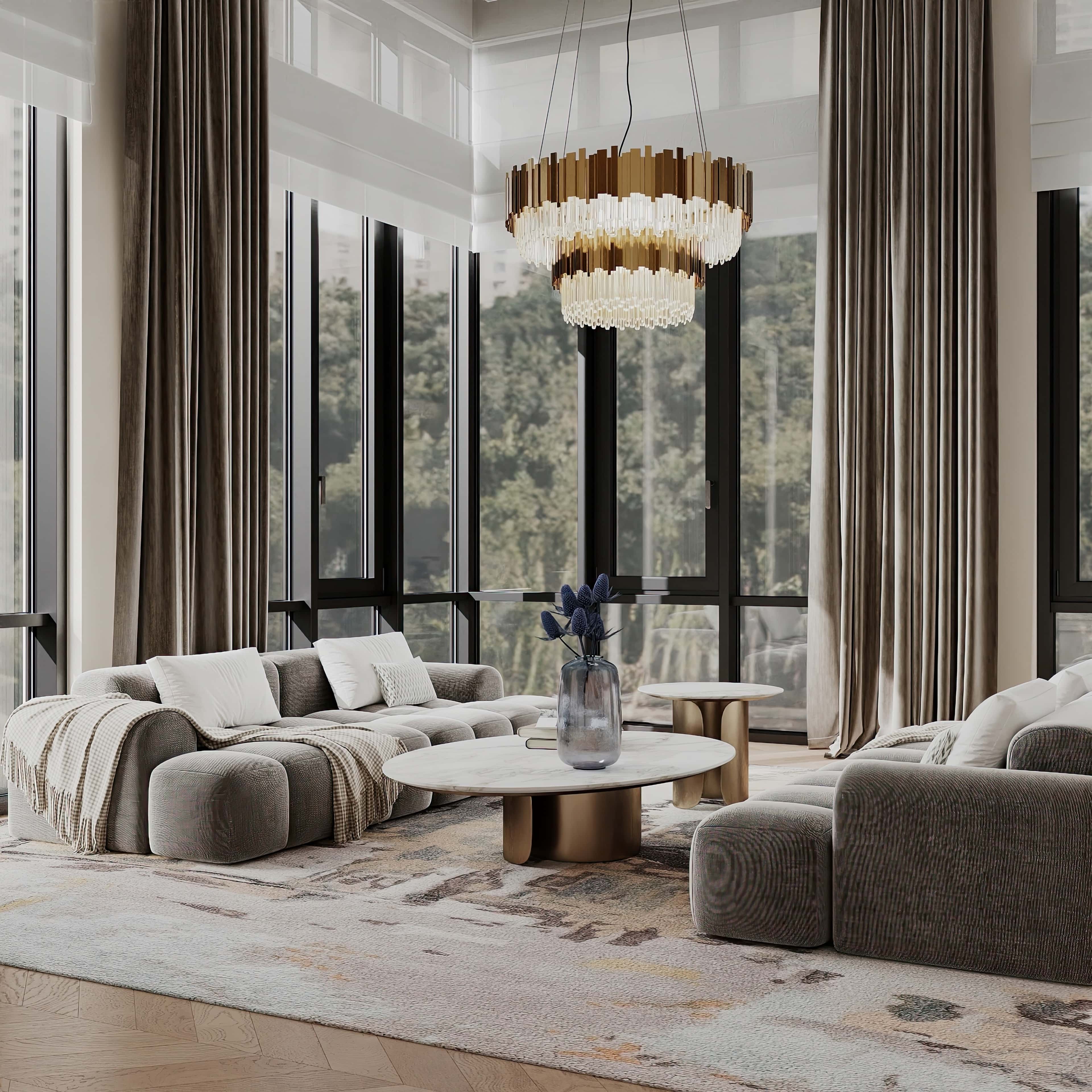 Projektowanie wnętrz domów 2026: Kominek w salonie tworzący atmosferę ciepła i przytulności.