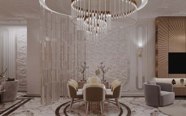 Jadalnia z dużym stołem i stylowymi krzesłami w luksusowym domu jednorodzinnym.