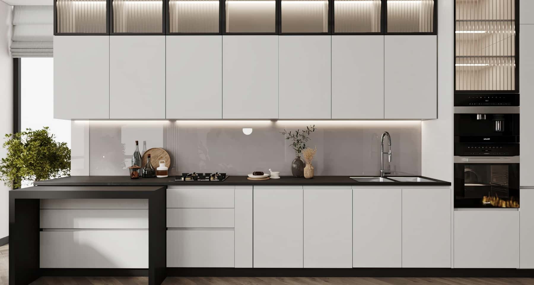 Minimalistyczna jasna kuchnia Nowoczesny design jasnej kuchni z minimalistycznymi frontami i zintegrowaną, dyskretną zabudową sprzętów.