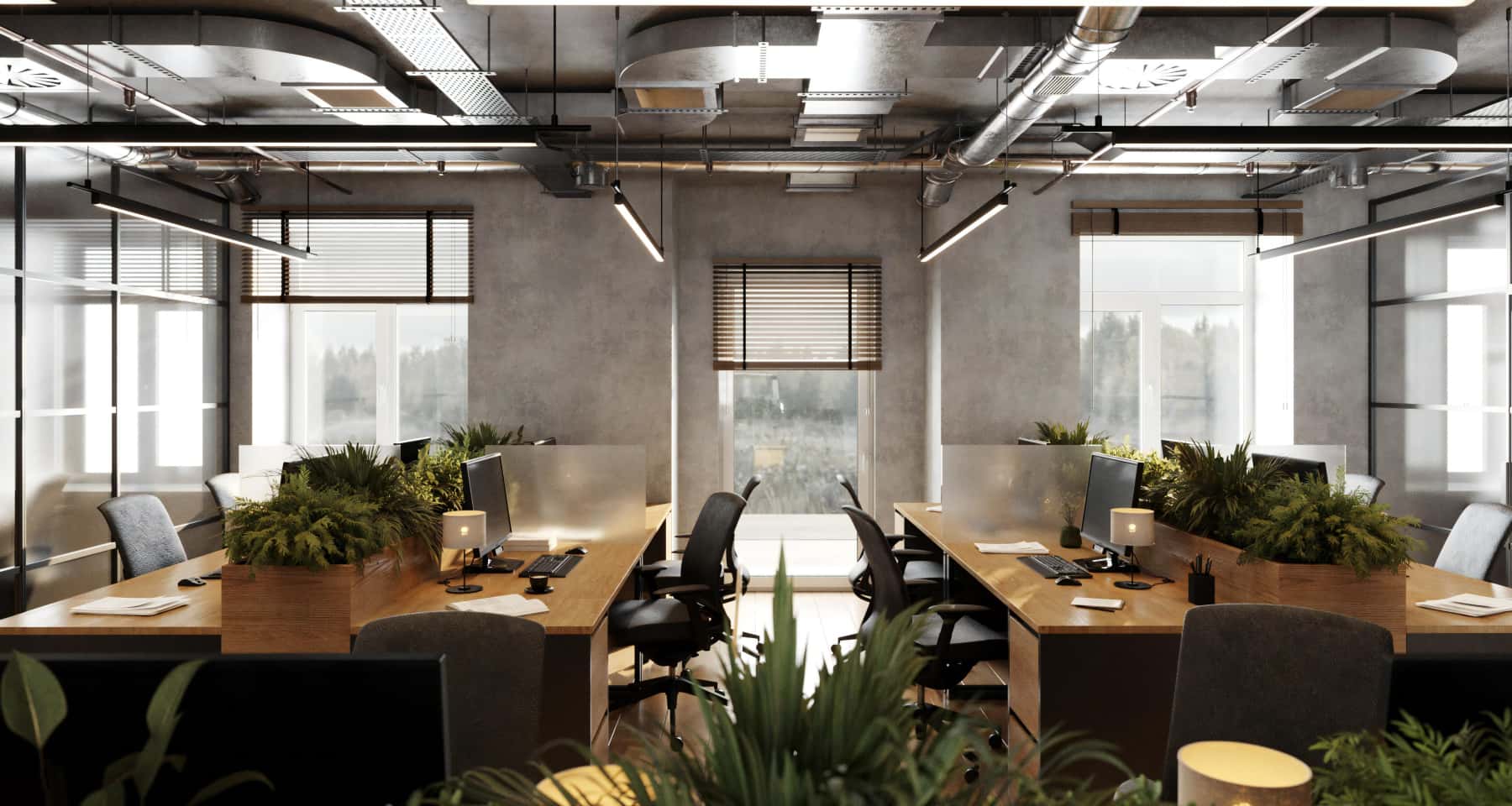 Oświetlenie biura loft Efektowne oświetlenie w biurze loft, łączące wiszące lampy i reflektory.