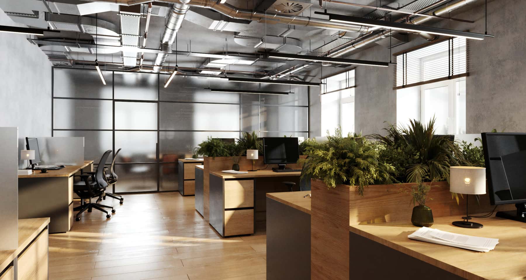 Biuro loft pełne kolorów Kreatywne biuro loft z dynamicznymi akcentami kolorystycznymi w meblach i dekoracjach.