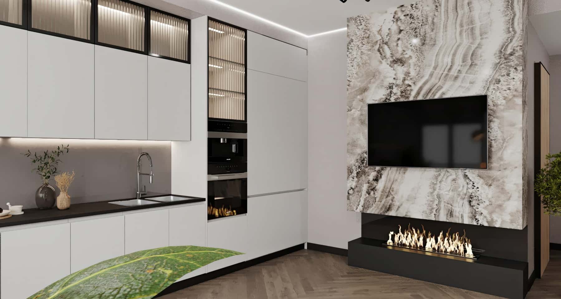 Beżowo-brązowe wnętrze 3-pokojowego mieszkania w stylu modern z naturalnymi materiałami