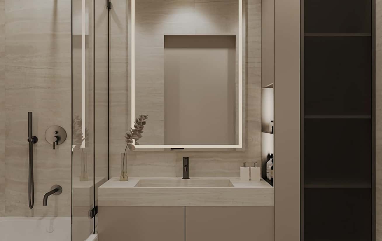 Beżowy minimalizm Wnętrze trzypokojowego mieszkania zaaranżowanego w beżowych odcieniach z minimalistycznym designem