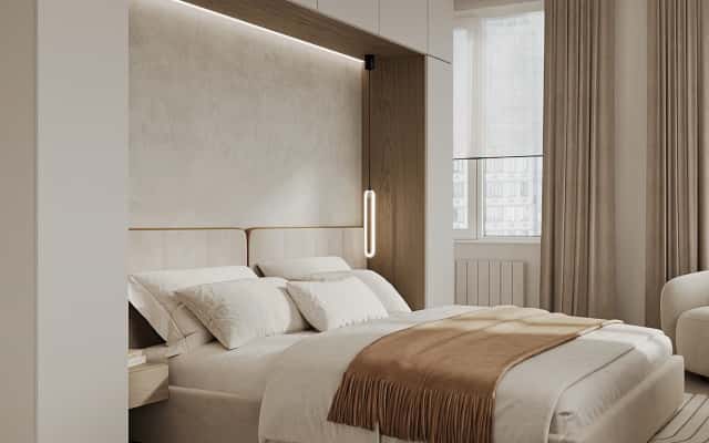 Beżowa nowoczesność Nowoczesne wnętrze trzypokojowego mieszkania z beżowymi ścianami i optycznym powiększeniem przestrzeni