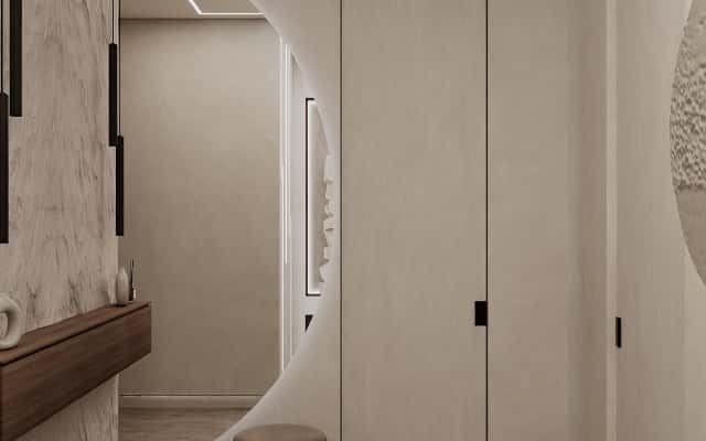 Minimalistyczne wnętrze 3-pokojowego mieszkania w stylu Japandi z naturalnym drewnem.