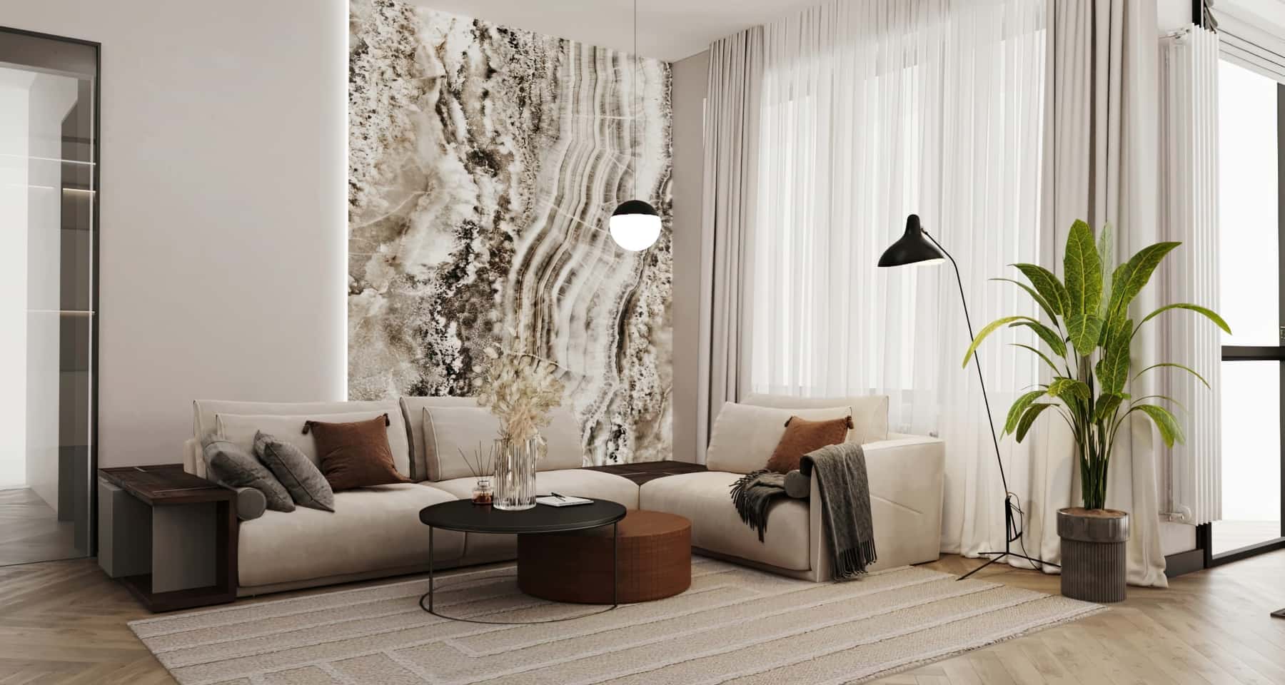 Projektowanie wnętrz: 3-pokojowe mieszkanie z otwartą przestrzenią salonu i kuchni w stylu modern.