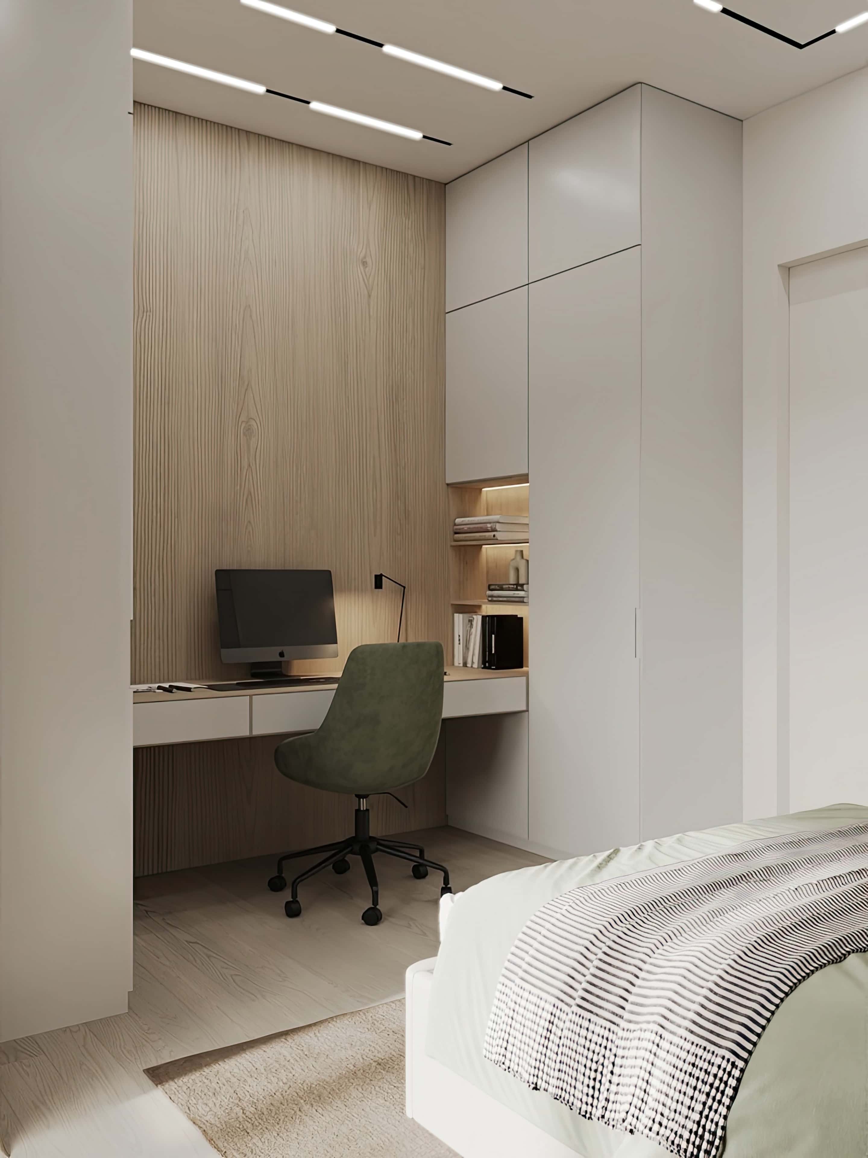 Biel i drewno Minimalistyczna kuchnia z białymi frontami i drewnianymi akcentami w trzypokojowym mieszkaniu.