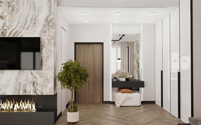 Projektowanie wnętrz 3-pokojowego: beżowo-brązowy salon w minimalistycznym stylu, inspiracja kolorystyczna.