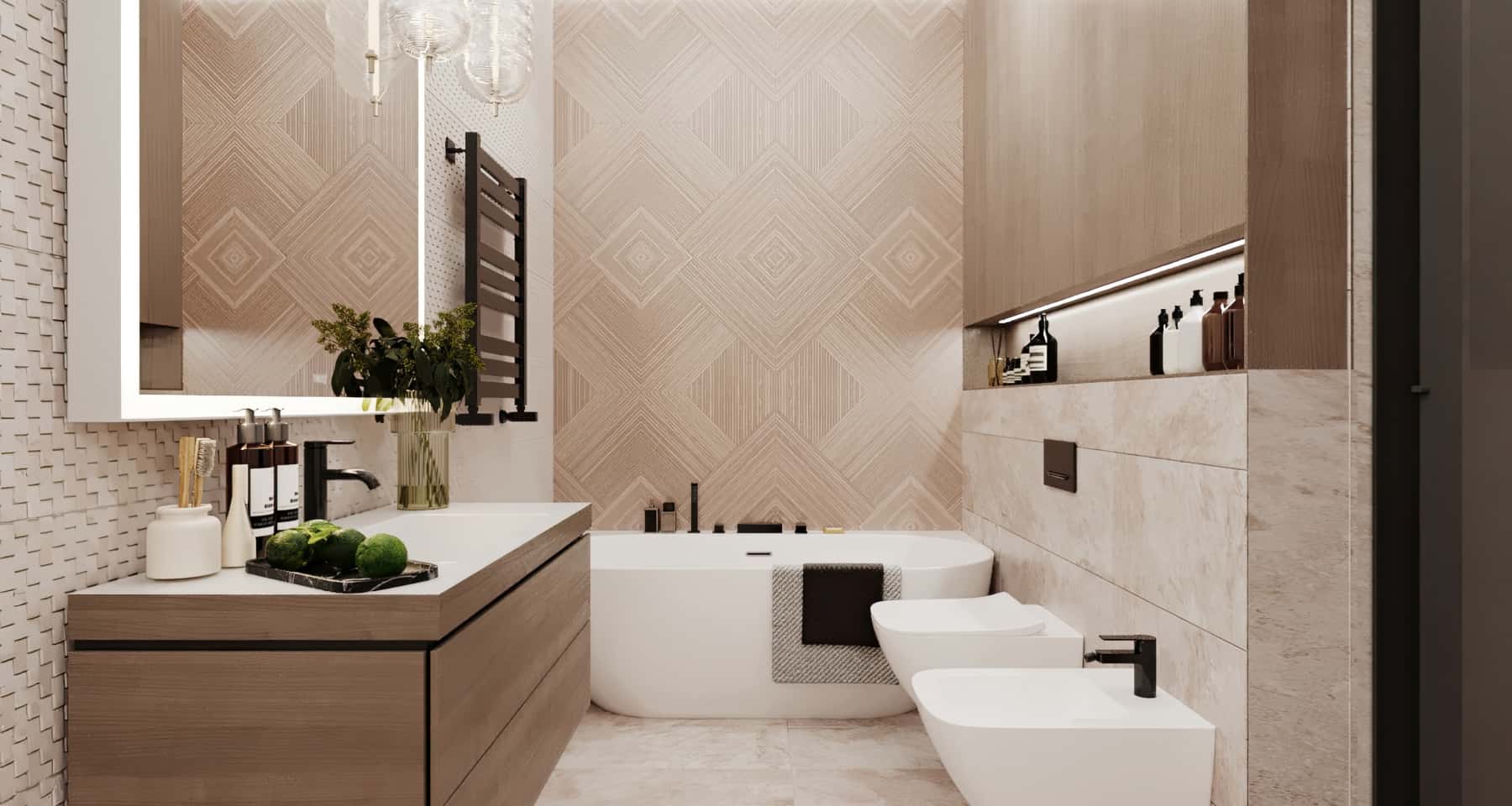 Kuchnia z barkiem Funkcjonalna kuchnia z salonem w trzypokojowym mieszkaniu, z beżową kolorystyką i barkiem