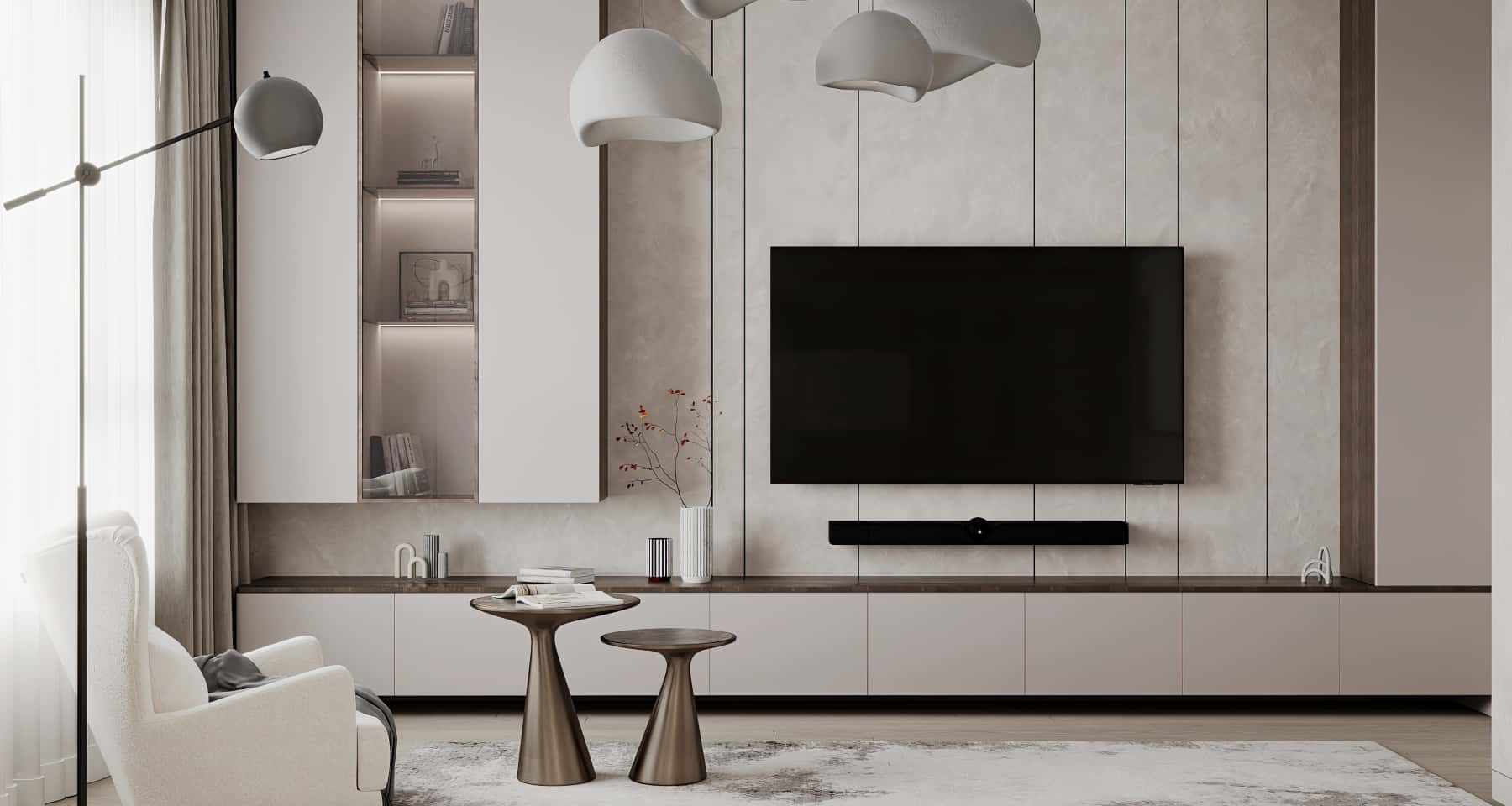 Projektowanie wnętrz mieszkania 3-pokojowego: minimalistyczny salon w beżach i brązach, inspiracja 2026.